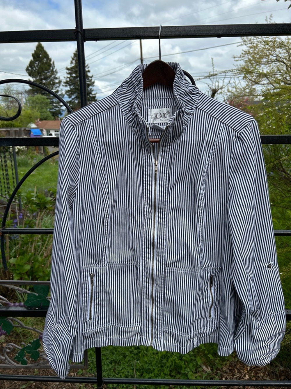 LAL Live a Little gray striped casual zip front jacket size XL